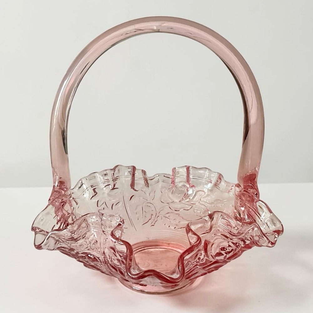 Vintage Fenton Pink Glass Basket Floral Design Ruffled Edges 6” x 6”